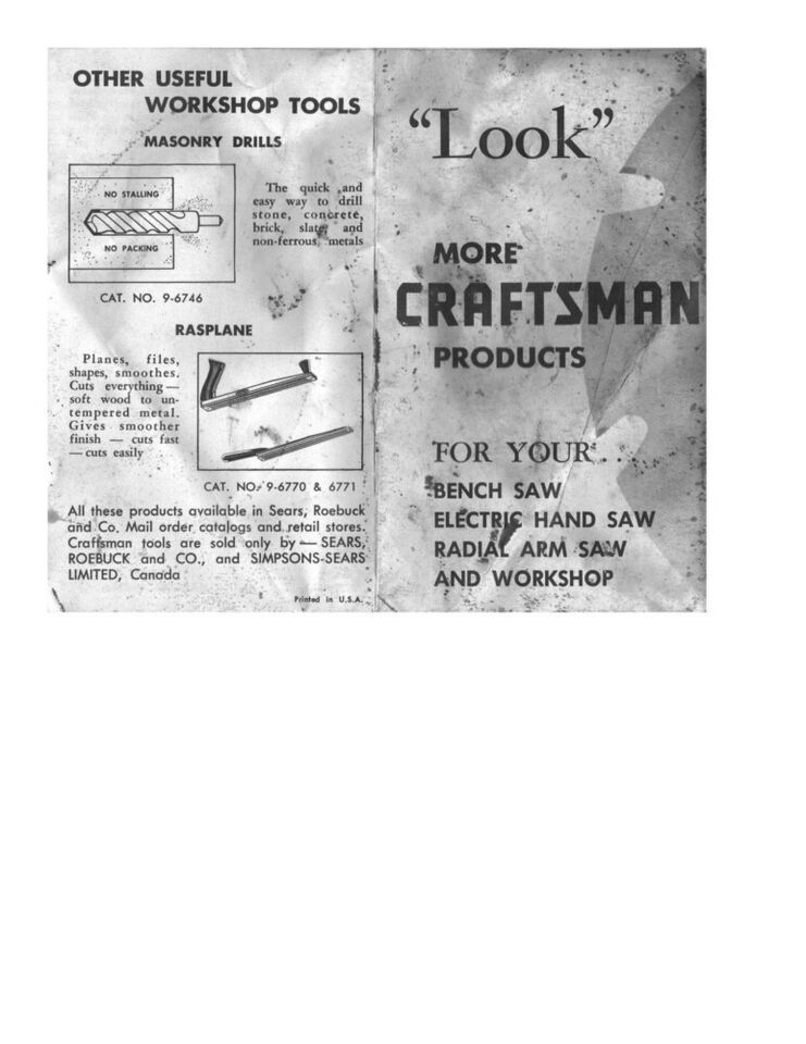 Craftsman  Products for your Bench Saw, Radial Arm Saw and Workshop - £15.11 GBP