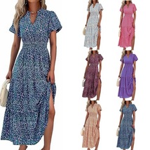 V-neck Bubble Sleeve Printed Short-sleeved Dress with Pockets, Vacation ... - $28.99