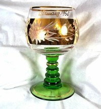 Souvenir stemmed Rhein Roemer shot glass Germany 1958 green gold 2 oz 3.5&quot; tall - £6.84 GBP