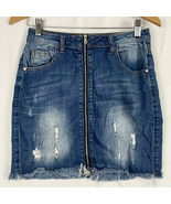 Fashion Nova Blue Denim Skirt SMALL Sz 26 Distressed Zip Up Frayed Y2K - £13.44 GBP