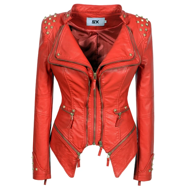 Studded riveted slim waist faux Leather retro biker jacket woman&#39;s red - $79.99