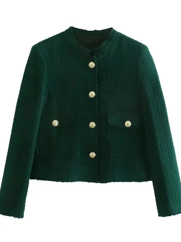 Women Green Suit Skirt Coat Set Buttons Vintage Cropped Texture Blazer Tweed Jac - £116.83 GBP