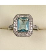 14k White Gold Plated 925 Aquamarine White Sapphires Antique Deco Ring - $162.92 CAD