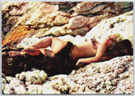 Sexy Blonde woman girl Postcard Risque Pinup bikini rocks ocean beach - £8.38 GBP