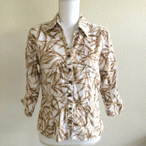 JM Collection Womens Casual Top Size 4P Petite Tree Leaves Button Up 100% Linen - £11.89 GBP