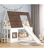 Twin Over Twin House Bunk Bed Frame with Roof,Window,Ladder and Slide fo... - $884.37+