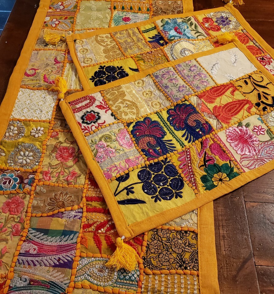 Artisan Gujarat Embroidered &amp; Jeweled Table Runner with 6 Coordinating - $83.17