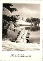 Vtg German Postcard Frohe Weihnacht (Happy Christmas) lake snow trees dock - $5.18