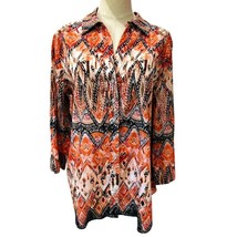 Chicos Top Shirt Size 3 Orange Brown 100% Cotton 3/4 Sleeve Button Front... - £9.08 GBP