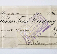 1912 Kineo Trust Company Bank Check E.A. Sampson Dover Maine Signed 920 ... - $369.57 MXN