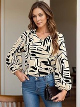 Printed Notched Long Sleeve Blouse - £25.20 GBP