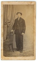 Antique CDV Circa 1870s Handsome Young Man With Wavy Hair Wearing Suit &amp; Tie - £7.46 GBP