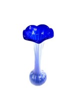 Hand Blown Ruffle Colbalt Light Blue White Swirls Art Glass Vase  - $21.19