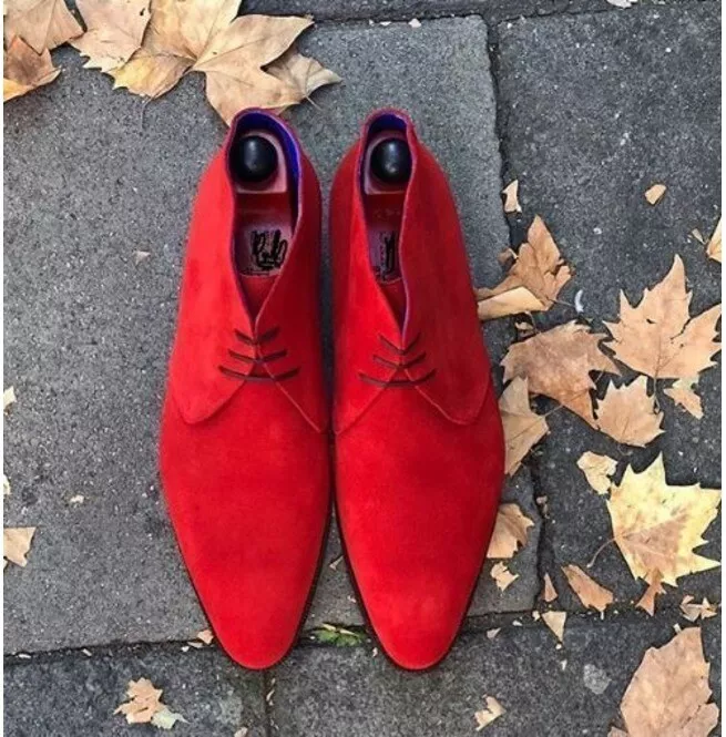 New Men Red Suede Handmade Formal Low Ankle Chukka Lace Up Office Dress ... - $149.99+