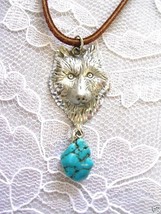 Engraved Wolf Head Wildlife with Blue Turquoise Nugget Pewter Pendant Necklace - £26.05 GBP