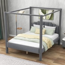 Moeo Queen Size Upholstery Canopy Platform Bed With Headboard,Support Legs, Gray - £283.69 GBP