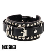 Black Leather Studded Buckle Rock Cuff Bracelet - Adjustable 80&#39;s Gothic... - $13.86 CAD
