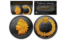 Black Ruthenium Indian Head Cent Penny Coin 24K Gold Highlights 2-Sided With Coa - £14.82 GBP