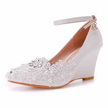 Womens Wedding Shoes Bride Wedges High Heels Pearl Rhinestone White Lace Flower  - £47.73 GBP