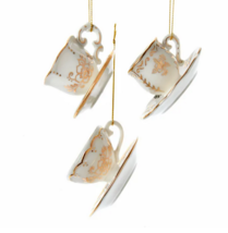Kurt Adler Set Of 3 Porcelain Jeweled Gold &amp; White Tea CUP/SAUCER Xmas Ornaments - £21.14 GBP