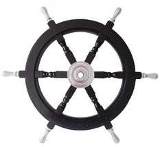 Vintage Nautical Handcrafted 24 Inch Black Wooden Ship Wheel with Aluminum Hub - £86.52 GBP
