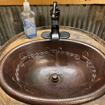 19&quot; Oval Copper Sink Drop in with Barbed Wire Design, Drain Included  - $199.95