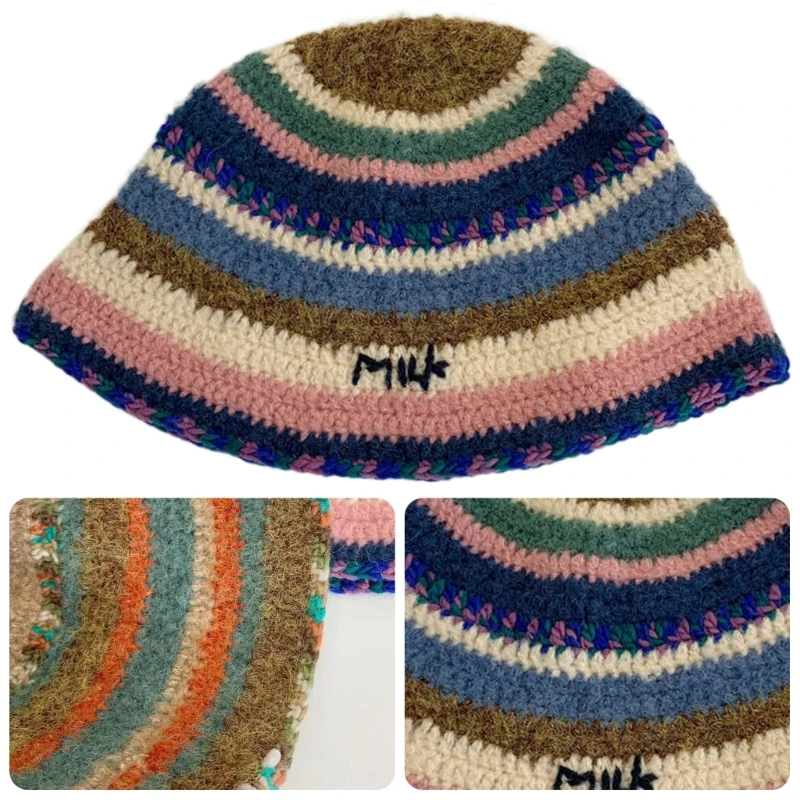 Crochet Bucket Hat for Womens Knit Handmade Foldable Floppy Striped Hat Fashion  - £18.64 GBP
