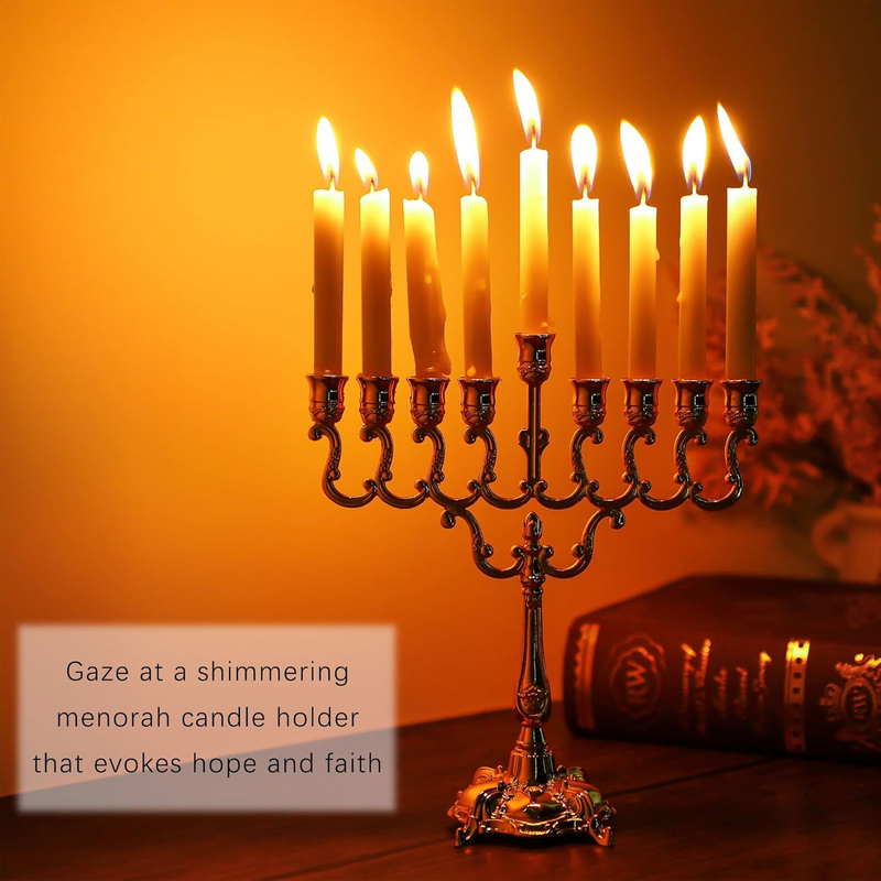 Hanukkah Menorah 9 Branch Gold Plated Jewish Menorahs for Chanukah Candle Holder Item image 2