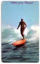 Man in Hat with Swim Trunks Surfing Aloha from Hawaii Postcard - £7.06 GBP