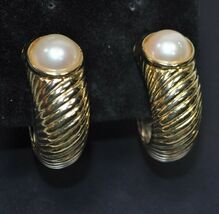 Liz Claiborne Heavy Hoop Gold Tone Clip On Earrings w/ Faux Pearls Signe... - $17.35