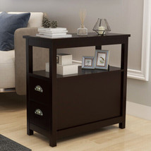 End Table Narrow Nightstand With Two Drawers And Open Shelf-Brown - £76.05 GBP