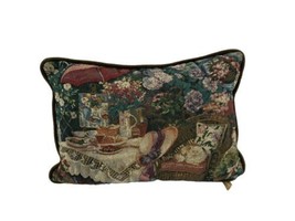 Newport Colorful Tapestry Throw Green Pillow Teapot Garden Flowers Scene... - $39.55