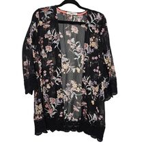 Rewind Whimsigoth Midnight Floral Kimono with Scalloped Cotton Crochet T... - $8.99