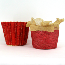 2 Lined Wicker Woven 6&quot;  Baskets Red White Natural Bow Ruffle Burlap Vtg Decor - £18.92 GBP