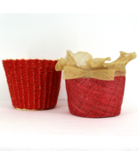 2 Lined Wicker Woven 6&quot;  Baskets Red White Natural Bow Ruffle Burlap Vtg... - $32.55 CAD