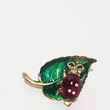 Ladybug on Green Leaf  Lapel Pin 1&quot; Miniature Brooch Vintage Gold Tone R... - $19.79