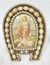 Vintage Religious Icon Horseshoe Shell Frame Celluloid Young Jesus Lamb ... - $39.11