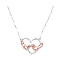 10k White Gold Round Diamond Heart Rose-tone Lovebirds Pendant Necklace 1/10 - £166.72 GBP