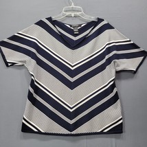 Ellen Tracy Women Shirt Size M Blue Silk Preppy Chevron Classic Short Sleeve Top - £10.07 GBP