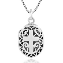 Spiritual Embrace Cross Pattern Oval Shaped Sterling Silver Locket Necklace - £23.34 GBP