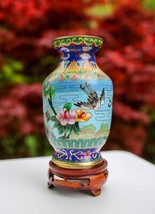 Vintage Chinese Enameled Cloisonné Vase On Wooden Stand | Ethnic Home De... - $203.74 CAD