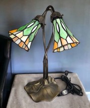 Tiffany Style 2 Light 16&quot;  Lily Pad Metal Table Lamp Stained Glass Tulip Shades - £61.54 GBP