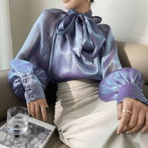 Tie Neck Satin Blouse with Bow | Women Retro Long Sleeve Office Shimmer Top#1267 - £38.33 GBP