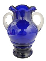 Cobalt Blue Vase Ruffled Rim Crimp Top Clear Handles  10&quot; - £18.64 GBP