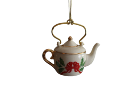 Lenox Miniature Teapot Kettle Holly Berries Gold Trim Christmas Ornament Steeped - £11.79 GBP