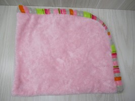 Blankets and Beyond Pink baby blanket green gray orange striped border edges - $29.69