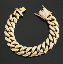 Mens Stainless Steel Iced Cuban Link Chunky Solid Bracelet Cz 14k Gold Plated - £19.91 GBP