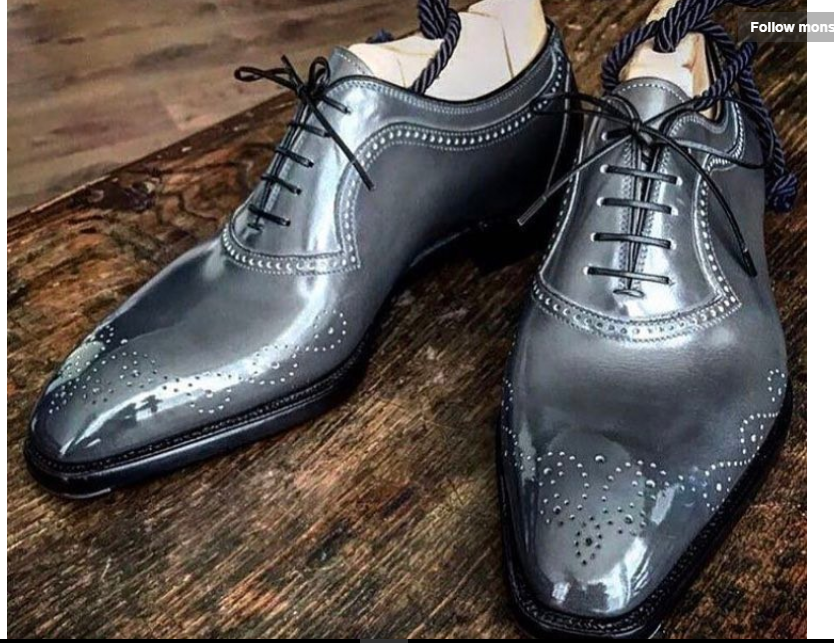 New Handmade Men brogue Gray Leather Formal Shoes, Men Designer Oxford Dress sho