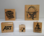 wood rubber stamp lot old school classroom globe ink well typewriter gla... - £10.04 GBP