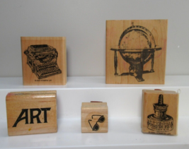 wood rubber stamp lot old school classroom globe ink well typewriter glasses ART - £10.04 GBP